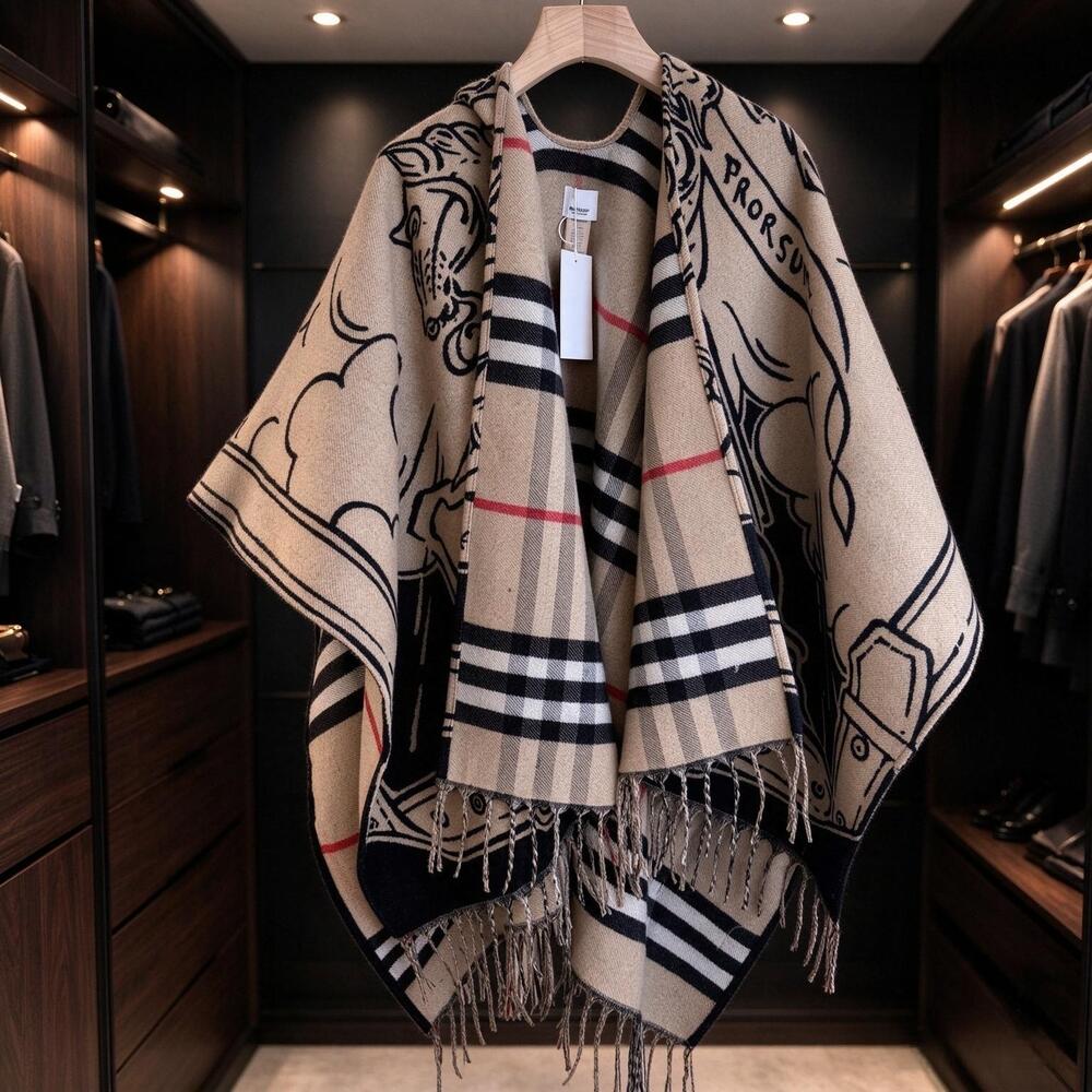 Burberry Reversible Equestrian Knight Check Wool Cape Poncho Fringe